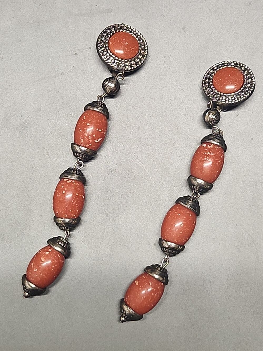 Vintage Goldstone Glass Long Dangle Clip On Earrings Silver Statement 70's-80's